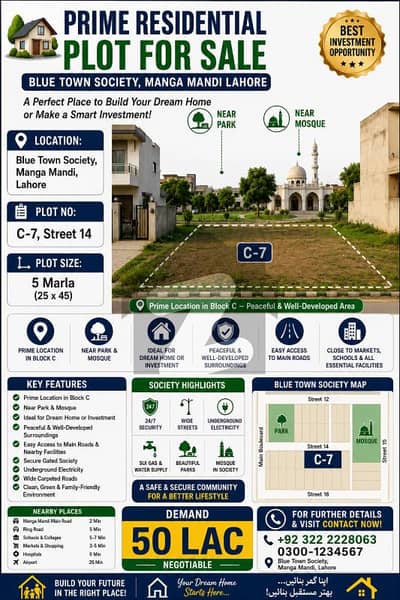 Prime Residential Plot for Sale Blue Town Society, Manga Mandi Lahore