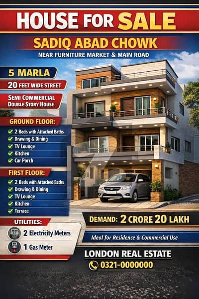 House for Sale Sadiq Abad Chowk  Semi Commercial Double Story House Available Near Main Furniture Market & Main Road  Location: Sadiq Abad Chowk  Plot Size: 5 Marla  Street Width: 20 Feet Wide Street  Type: Semi Commercial Double Story House