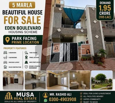 5 Marla Beautiful House for Sale in Eden Boulevard Housing Scheme Park Facing | Prime Location
