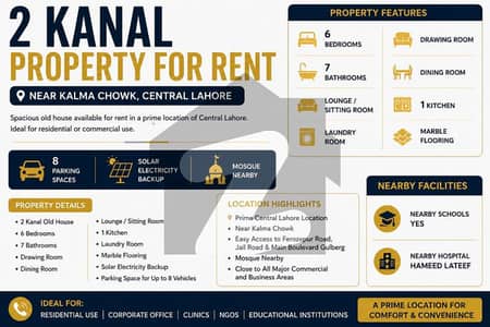 2 Kanal Corner Property for Rent in Central Lahore | Near Kalma Chowk
