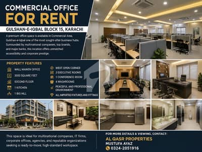 COMMERCIAL OFFICE FOR RENT GULSHAN E IQBAL BLOCK 15