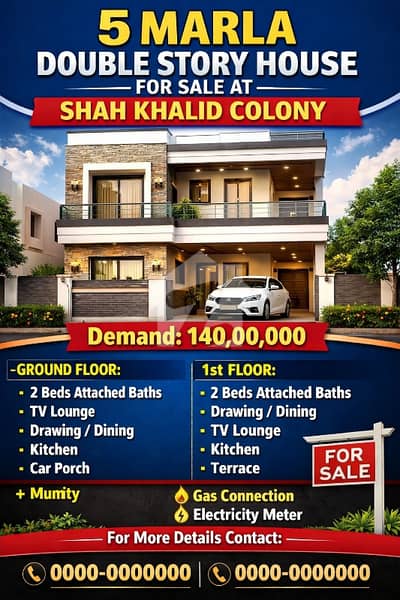 5 Marla Double Story House Available for Sale  Location: Shah Khalid Colony