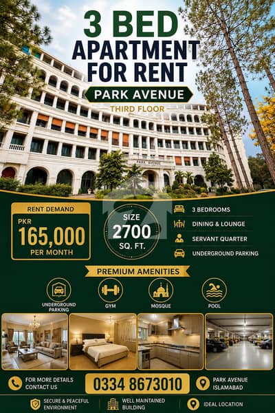 Luxury 3-Bed Apartment for Rent in Park Avenue, F-11 Markaz | 2700 Sq Ft | Prime Location