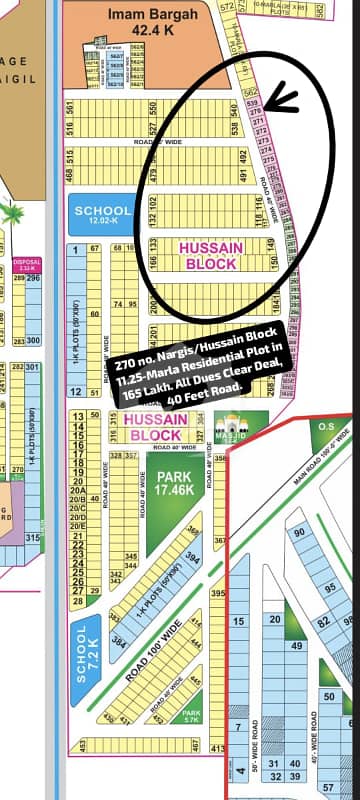 270 no. Nargis/Hussain Block 11.25-Marla Residential Plot in 165 Lakh. All Dues Clear Deal, 40 Feet Road. Best Location For Constructing Your Dream House in Bahria Town Lahore