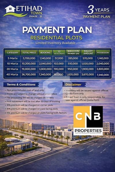5 Marla residential plot available for sale on ideal location of Etihad Town phase 3 Lahore
