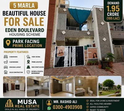 5 Marla Beautiful House for Sale in Eden Boulevard Housing Scheme Park Facing | Prime Location 5 Marla Beautiful House for Sale in Eden Boulevard Housing Scheme Park Facing | Prime Location