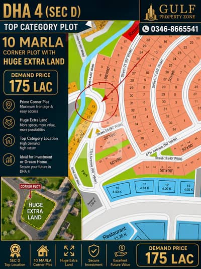 10 Marla Corner Plot For Sale Sector D, DHA Phase 4 | Huge Extra Land
