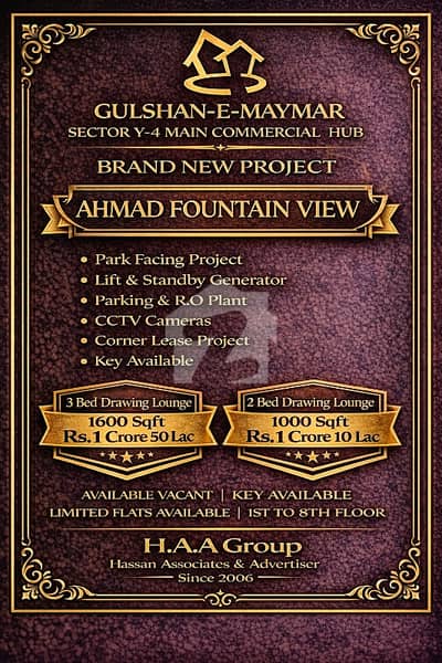 Gulshan E Maymar Sector Y AHMED FOUNTAIN VIEW Reserve A West Open Flat
