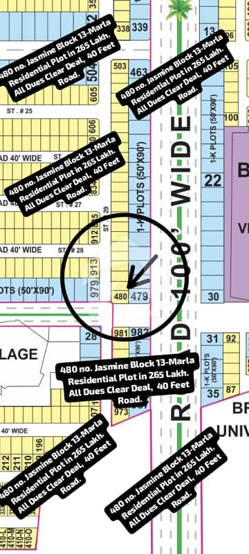 480 no. Jasmine Block 13-Marla (40.5 by 65) Residential Plot in 265 Lakh. All Dues Clear Deal, Corner Category. Best Location For Constructing Your Dream House in Bahria Town Lahore