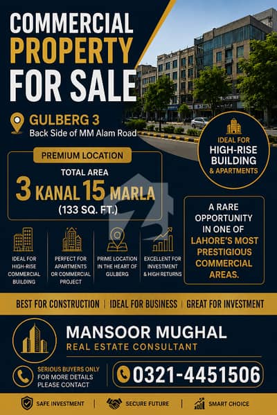 گلبرگ 3 گلبرگ,لاہور میں 3 کنال کمرشل پلاٹ 65.0 کروڑ میں برائے فروخت۔