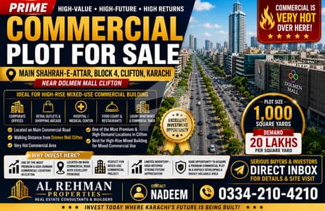 PRIME COMMERCIAL CORNER PLOT FOR SALE CLIFTON BLOCK 4 Clifton Block 4, Karachi Prime location on the left-hand side while driving from Abdullah Shah Ghazi Shrine towards Dolmen Mall Clifton