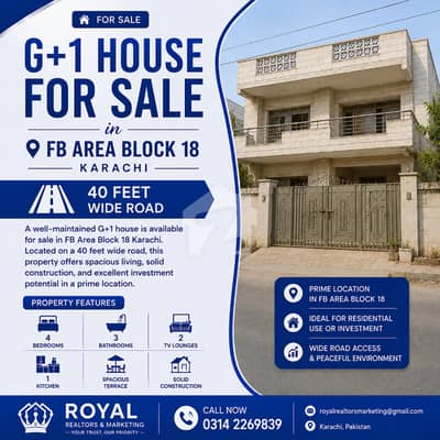 G+1 House for Sale in FB Area Block 18 Karachi | 40 Feet Wide Road