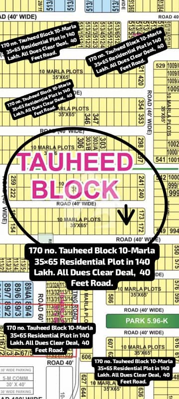 170 no. Tauheed Block 10-Marla Deal Residential Plot in 140 Lakh. All Dues Clear Deal, Best Location For Constructing Your Dream House in Bahria Town Lahore