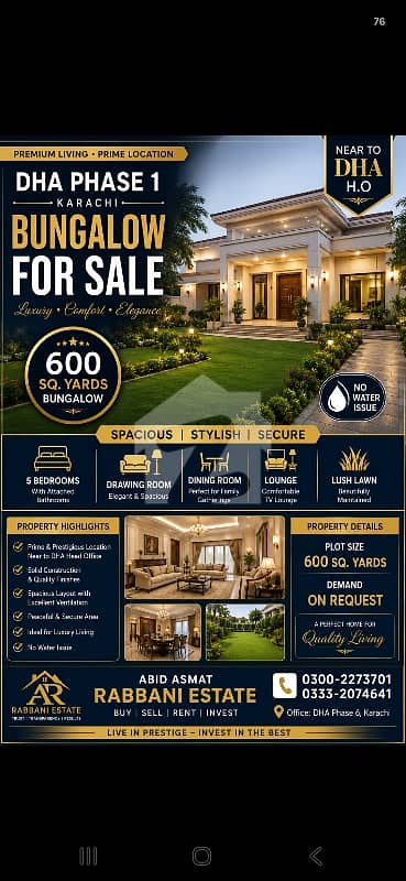 BUNGALOW 600SQ YARDS 5BEDROOMS DRAWING LOUNGE KITCHEN ALL TEAK WOOD