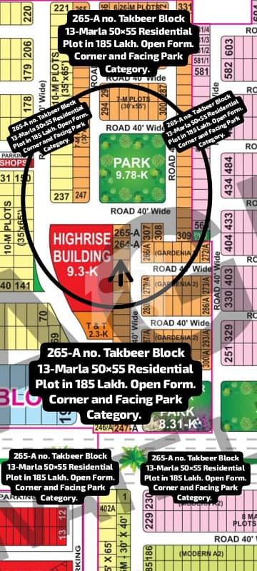 265-A No Takbeer Block 13-Marla Residential Plot In 185 Lakh Open Form Corner And Facing Park. 40 Feet Road Best Location For Constructing Your Dream House In Bahria Town Lahore