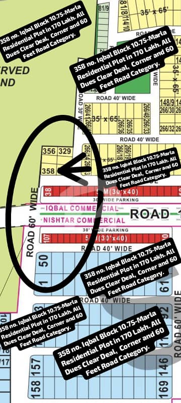 358 no. Iqbal Block 10.75-Marla Residential Plot in 170 Lakh. All Dues Clear Deal, Corner Category. 60 Feet Road. Best Location For Constructing Your Dream House in Bahria Town Lahore