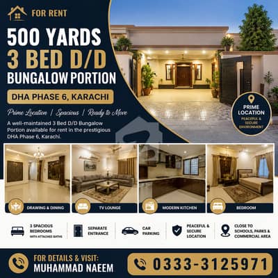 3 Bed D/D Bungalow Portion available for rent Prime location DHA phase 6 Karachi