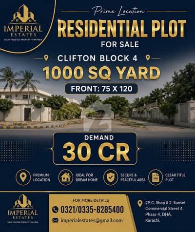 1000 Sqyd Resident Plot for Sale - Clifton Block 4 Karachi