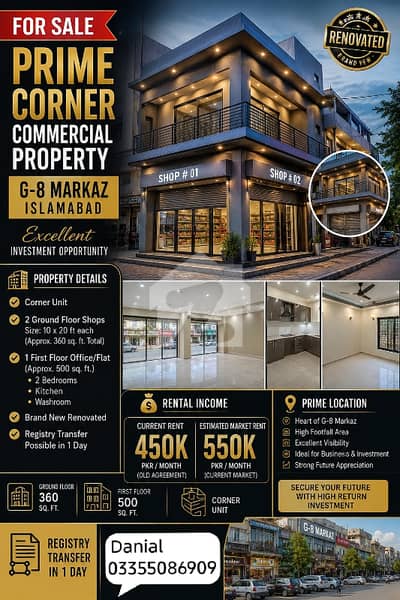 G8 markaz Islamabad CORNER UNIT  2 ground floor shops 10*20 each shop size and 1 office flat brand new renovation