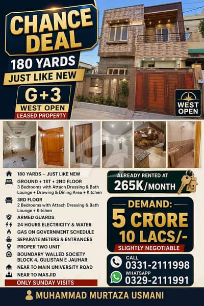 Just like New 180 Yards G+3 West Open Leased Bungalow in boundary walled society block 4 Gulistan e Jauhar near main university road and near to main road