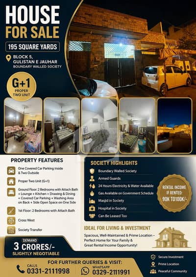 Well maintained 195 yards G+1 Bungalow (4 bed DD) in boundary walled Society block 5 Gulistan e Jauhar near to main university road Well maintained 195 yards G+1 Bungalow (4 bed DD) in boundary walled Society block 5 Gulistan e Jauhar near to main university road