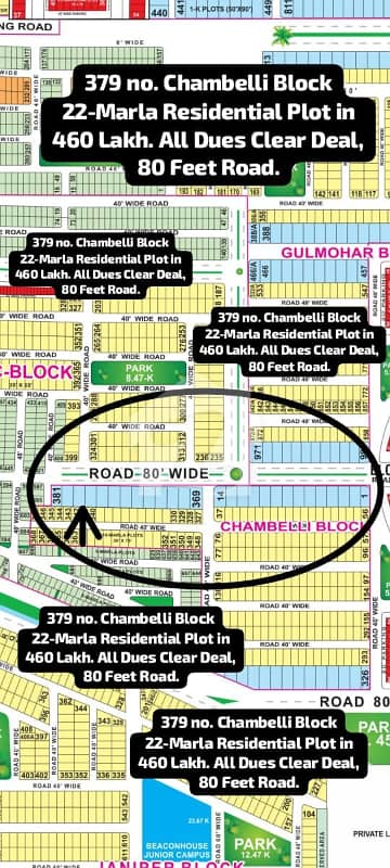 379 no. Chambelli Block 22-Marla Residential Plot in 460 Lakh. All Dues Clear Deal, 80 Feet Road. Best Location For Constructing Your Dream House in Bahria Town Lahore