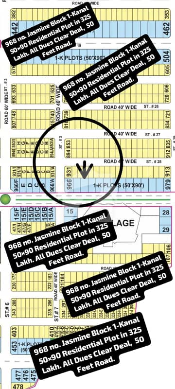 968 No. Jasmine Block 1-Kanal (50 By 90) Residential Plot In 325 Lakh All Dues Clear Deal, 50 Feet Road Best Location For Constructing Your Dream House In Bahria Town Lahore