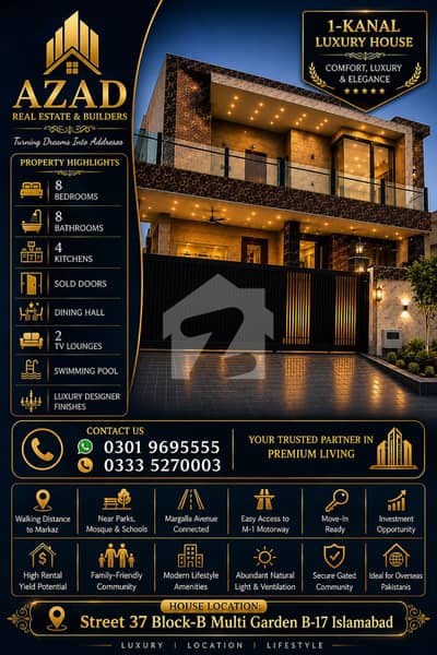 1 Kanal Luxury Designer House For Sale B Block Multi Garden B 17 Islamabad