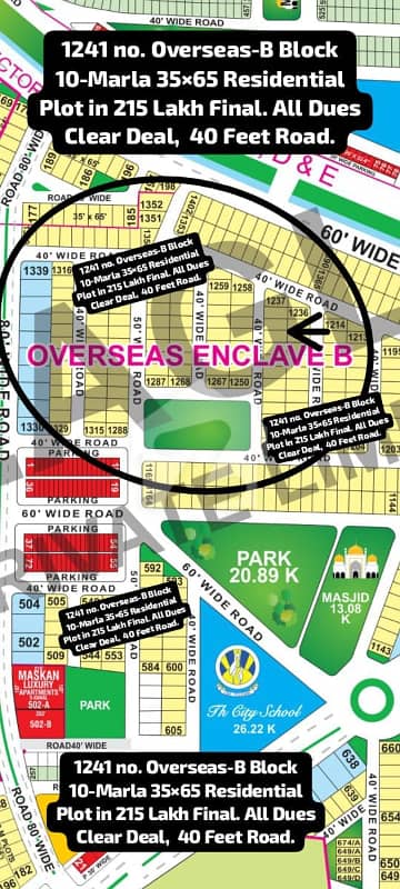 1241 no. Overseas-B Block 10-Marla 35 by 65 Residential Plot in 215 Lakh Final. All Dues Clear Deal, 40 Feet Road. Best Location For Constructing Your Dream House in Bahria Town Lahore