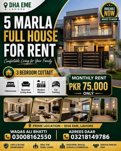 5 MARLA FULL HOUSE FOR RENT   Location: DHA EME, Lahore  3 Bedroom Cottage 3 Bedrooms