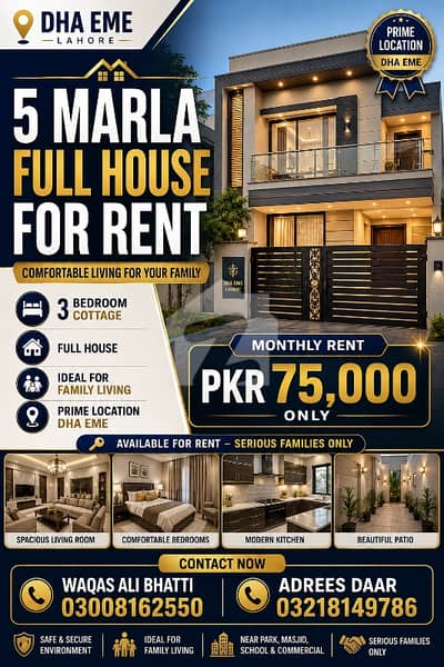 5 MARLA FULL HOUSE FOR RENT  DHA EME, Lahore  3 Bedroom Cottage  Full House