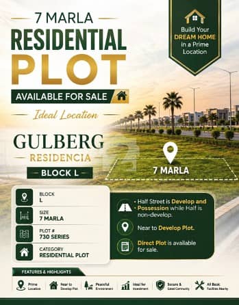 7 Marla | Near to Develop Plot | Block L | Gulberg Residencia 7 Marla | Near to Develop Plot | Block L | Gulberg Residencia