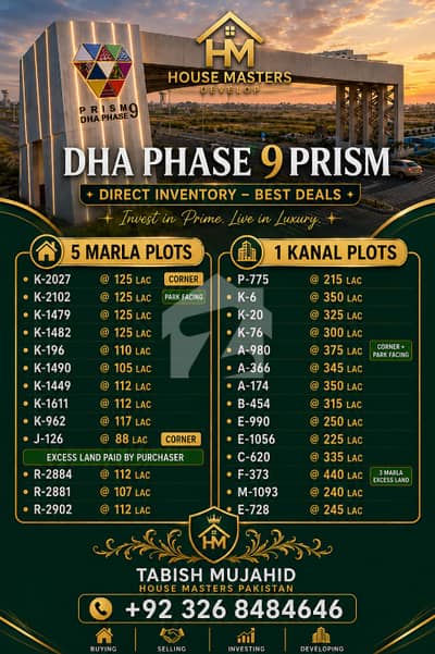 1 Kanal Residential Plot For Sale In DHA Phase 9 Prism E Block