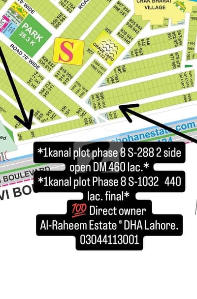 1 Kanal Plot Phase 8 S-Block 2 Side Open For Sale In DHA Lahore. Direct Owner