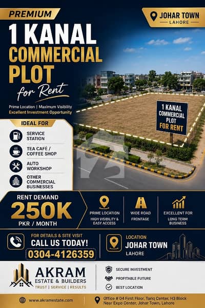 1 kanal Commercial plot For Rent phase 2 johar town Lahore
