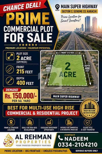 **CHANCE DEAL PRIME COMMERCIAL PLOT FOR SALE** **Main Super Highway Sector 2, Scheme 33, Karachi** **Area:** 2 Acres **Front:** 215 Feet **Depth:** 400 Feet **Prime Main Super Highway Location**