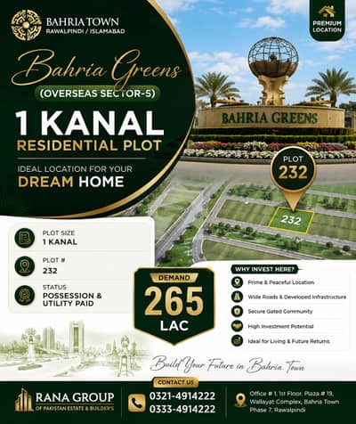 Bahria Greens (Overseas Sector-5) 1Kanal Residentail Plot Available For Sale In Bahria Town Rwp/Isb