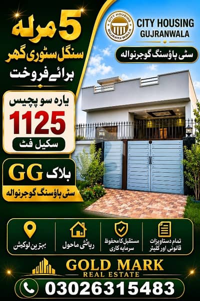 سٹی ہاؤسنگ سوسائٹی گوجرانوالہ میں 2 کمروں کا 5 مرلہ مکان 1.1 کروڑ میں برائے فروخت۔