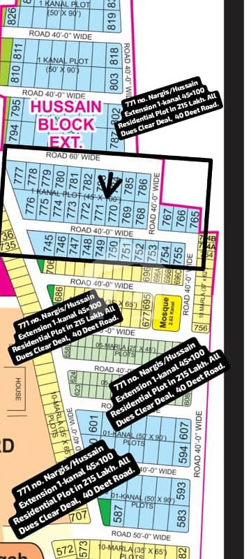 771 no. Nargis/Hussain Extension Block 1-Kanal 45 by 100 Residential Plot in 215 Lakh. All Dues Clear Deal, 40 Feet Road. Best Location For Constructing Your Dream House in Bahria Town Lahore