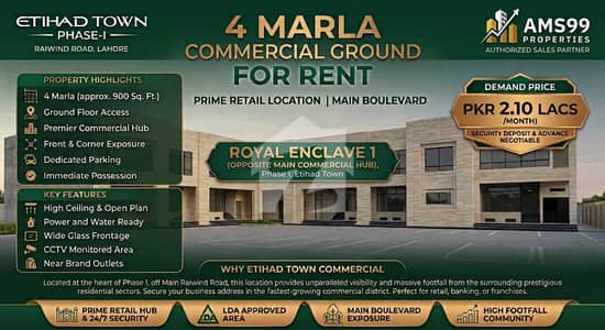 4 Marla Commercial Ground Shop for Rent Main Commercial, Etihad Town Phase 1