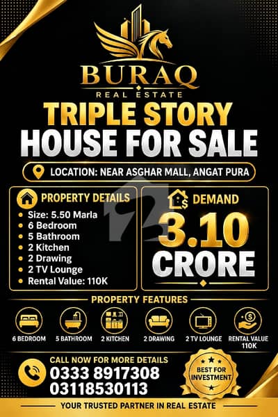 Triple Storey House For Sale Location Near Asghar Mall Angat Pura Size 5.5 Marla Triple Storey House For Sale Location Near Asghar Mall Angat Pura Size 5.5 Marla