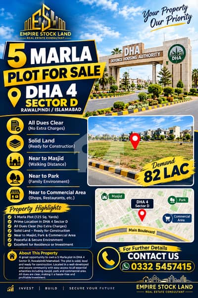 ڈی ایچ اے فیز 4 - سیکٹر ڈی ڈی ایچ اے ڈیفینس فیز 4,ڈی ایچ اے ڈیفینس,اسلام آباد میں 5 مرلہ رہائشی پلاٹ 82.0 لاکھ میں برائے فروخت۔ ڈی ایچ اے فیز 4 - سیکٹر ڈی ڈی ایچ اے ڈیفینس فیز 4,ڈی ایچ اے ڈیفینس,اسلام آباد میں 5 مرلہ رہائشی پلاٹ 82.0 لاکھ میں برائے فروخت۔