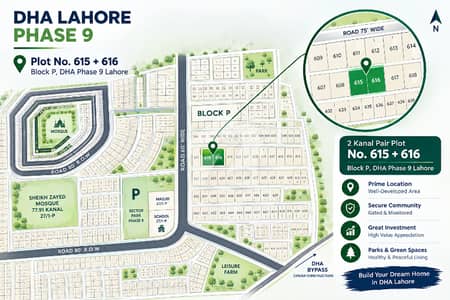 Premium 2 Kanal Pair Residential Plots No. 615 + 616 for Sale in Block P, DHA Phase 9 Lahore