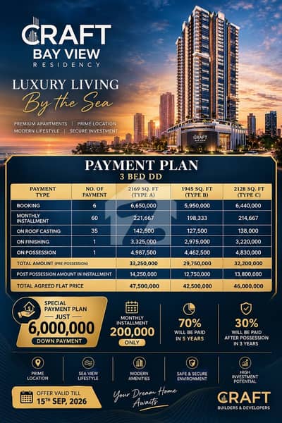 Craft Bay View Residency 3 Bed DD Apartments | Clifton Block 1 | Easy Payment Plan Craft Bay View Residency 3 Bed DD Apartments | Clifton Block 1 | Easy Payment Plan