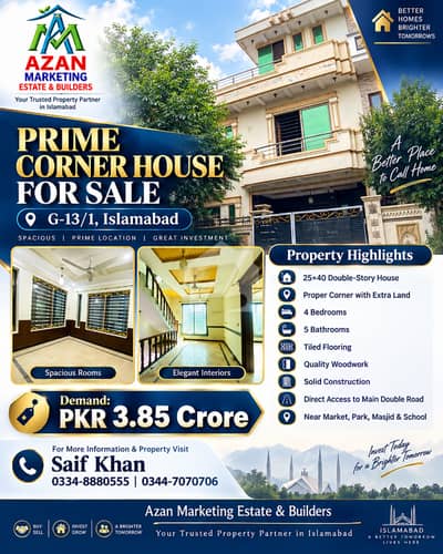 G-13/1 Proper Corner Extra Land Heighted And Solid Constrution Double Story House 25x40 For Sale G-13/1 Proper Corner Extra Land Heighted And Solid Constrution Double Story House 25x40 For Sale