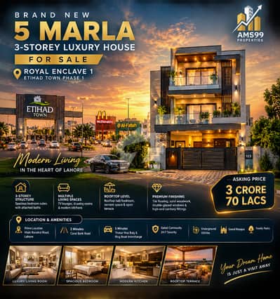 Brand New 5 Marla 3-Story Luxury House for Sale Royal Enclave 1, Etihad Town Phase 1