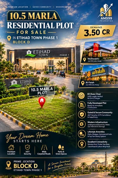 10.5 Marla Prime Location Residential Plot for Sale in Etihad Town Phase 1 - Block D