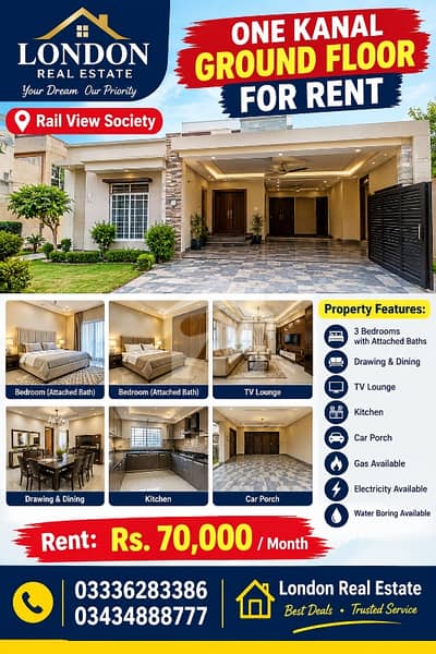 ONE KANAL GROUND FLOOR FOR RENT  Rail View Society