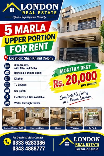 5 MARLA UPPER PORTION FOR RENT  Location: Shah Khalid Colony