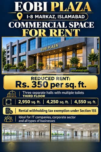 Commercial Office Space Available For Rent At EOBI Plaza, I-8 Markaz, Islamabad.
